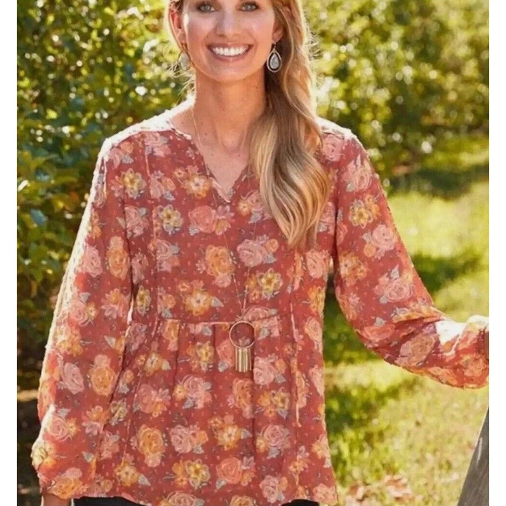 Matilda Jane Wonderment Botanical Orange Floral Blouse Womens Large Excellent